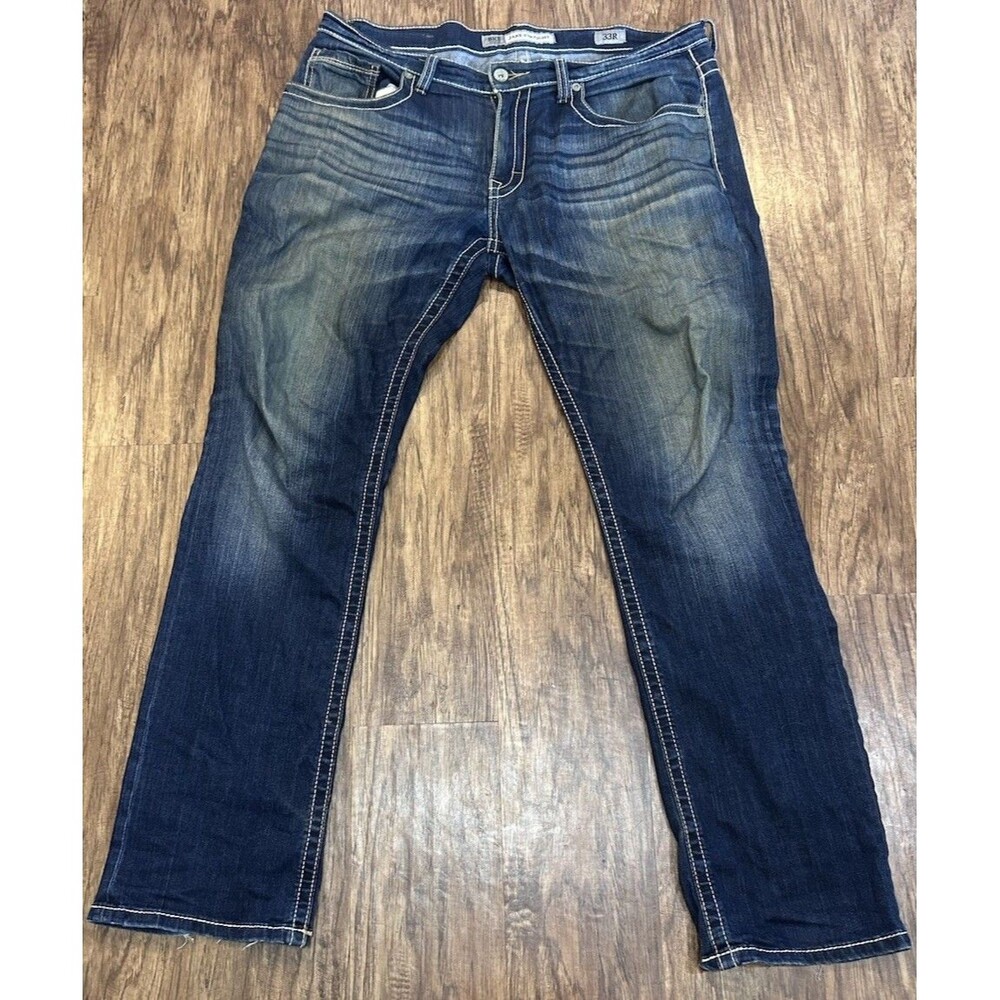 BKE Jake Straight Jeans Mens Sz 39x33 Blue Whiskered Denim Buckle